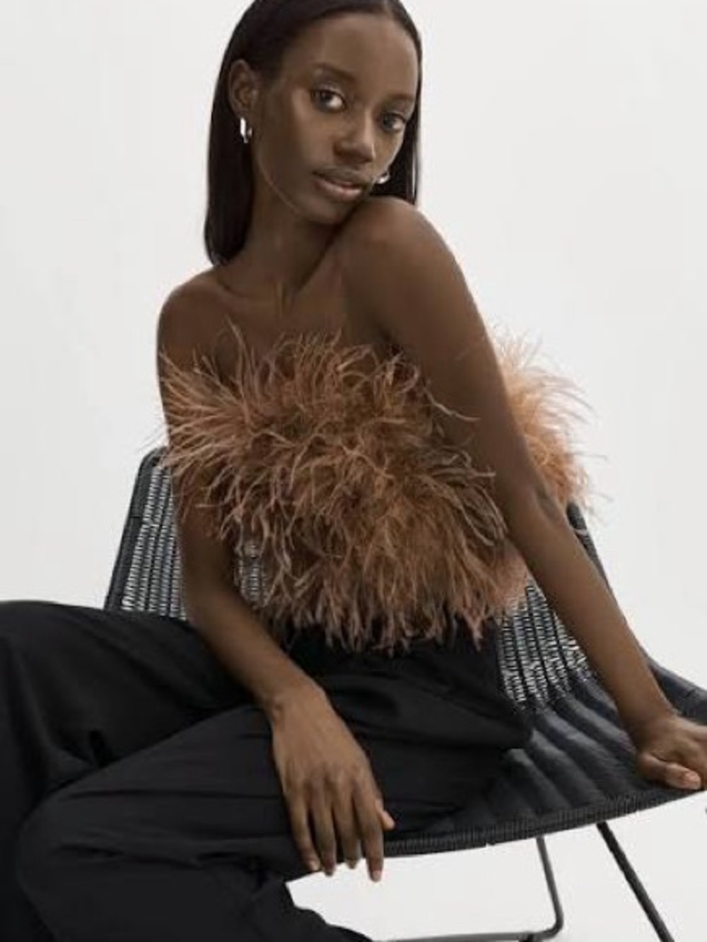 Fashion Nova Brown Feathered Strapless Crop Top